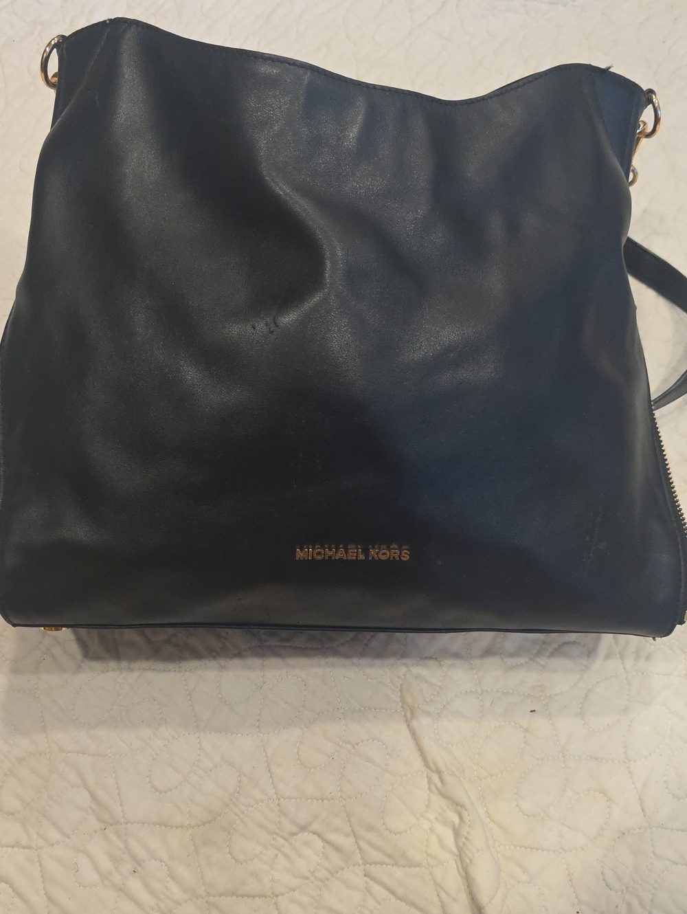 Michael Kors Black Leather Hobo Shoulder Bag with Gold Accents